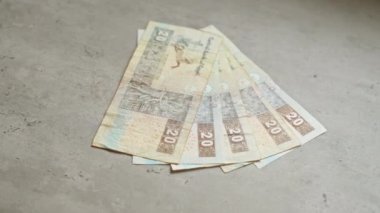 Mısırlıların 20 pound 'luk banknotları gri beton bir yüzeye saçıldı