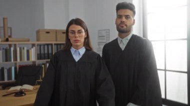 Bir hukuk bürosunda çapraz kollarla duran kadın ve erkek yargıçlar güven ve profesyonellik yayıyorlar.