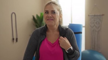 Sarışın bir kadın, başparmağıyla evin içini işaret ederek rahat bir spor salonu öneriyor, spor salonu pozitifliği ve sağIık odağı gösteriyor, parlak doğal ışık altında pembe bir gömlek giyiyor..