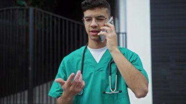 Yeşil önlüklü genç erkek hemşire, şehir ortamında steteskopla akıllı telefondan acil durum ve endişeyi aktarıyor..