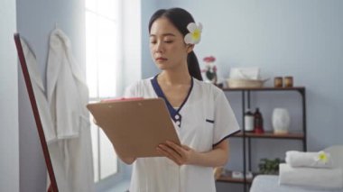 Kaplıcada beyaz bir üniforma giyen, saçında çiçek olan ve kapalı bir salonda pano tutan genç bir kadın.