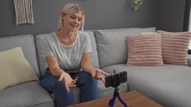 Oturma odasında kanepede otururken video çeken genç bir kadın.