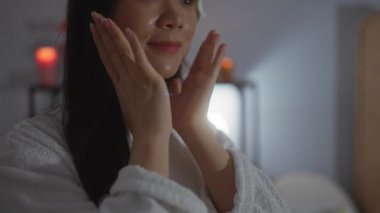 Yumuşak ışıklandırmalı, rahat bir bornoz giyen ve yüzüne nazikçe dokunan, kapalı bir ortamda rahatlama ve sağlığını yansıtan, sakin bir güzellik salonunda spa tedavisinden hoşlanan bir kadın..