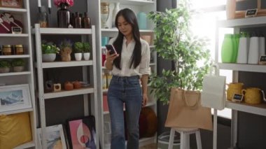 Ev dekorasyonu mağazasında, raflarda çeşitli eşyalar ve düzgünce yerleştirilmiş bitkilerle telefon arayan bir kadın.