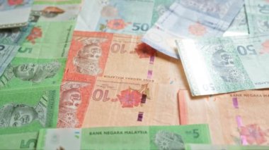 Malezya halka banknotları çeşitli mezhepleri ve Negara Malezya bankasının baskılı paralarının karmaşık tasarımlarını sergiliyor..
