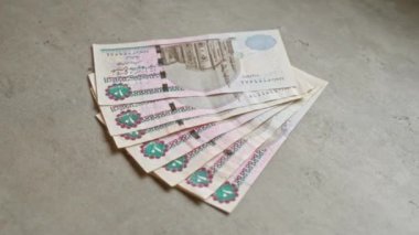 Somut bir yüzeye yayılan Mısır banknotları, para biriminin ayrıntılarını finansal bağlamda vurguluyor.