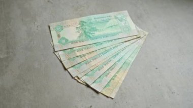 Birleşik Arap Emirlikleri 'nin banknotları beton bir yüzeye serilmiş, yayılmış düzende on dirhem sergilenmektedir..