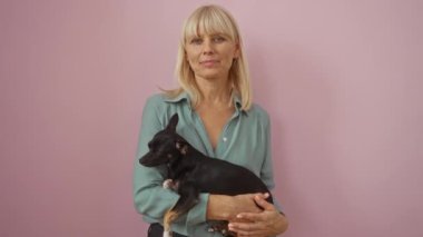 Orta yaşlı sarışın kadın ve köpek tişört giyiyor, parmaklarıyla işaret yapıyor, gülümsüyor ve pembe arka planda mükemmellik gösteriyor.