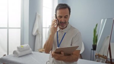 Klinikteki olgun bir adam, pano okurken telefonla konuşur, profesyonelliği ve tedaviyi örnek alır..