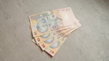 Romanya 'nın 10 lelik banknotları somut bir yüzeye yayılarak para biriminin tasarım ayrıntılarını ve Romanya ekonomisindeki parasal değerini gözler önüne serdi.