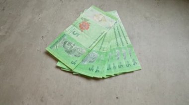 Malezya halka banknotları, tarafsız bir arkaplan karşısında ayrıntılı tasarım sergilenen, beton bir yüzey üzerinde yelpaze.