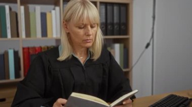 Kadın yargıç kitap okurken arka planda kitap rafı konsantrasyon ve ciddiyeti yansıtır.
