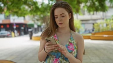 Arka planda arabalar ve binalar olan bir şehir parkında akıllı telefon kullanan genç bir kadın.