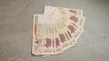Güney Kore banknotları, somut bir zeminde hayran şeklinde dizilmiş, Güney Kore 'deki para ve finans kavramını gözler önüne seriyor..