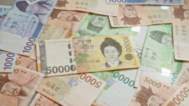 Güney Kore 'nin zengin kültürel mirasının tarihsel figürlerini ve eserlerini tasvir eden, 50.000 won da dahil olmak üzere çeşitli mezhepleri içeren bir yüzeye yayılmış banknotlar..