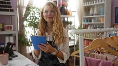 Güzel dekore edilmiş bir iç mekan dükkanında elinde mavi bir tabletle çalışan genç bir kadın..