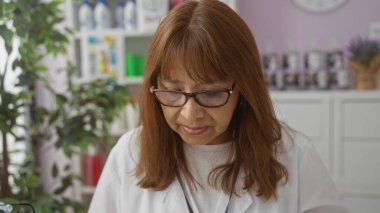 Gözlüklü yaşlı bir İspanyol kadın renkli raflar ve ürünlerle çevrili bir eczanede özenle çalışıyor..