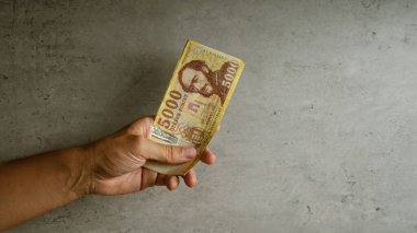 Elleri ve parmakları Hungary 'den gelen paraları gösteren Macar banknotunu beton arka planda tutan adam.