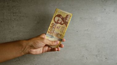 Elinde Macar banknotları olan bir adam gri beton arka planda el, para ve ülkenin para birimlerini gösteriyor..