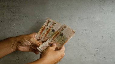 El ele tutuşmak ve Kore 'yi saymak somut bir arkaplan karşısında para kazanmak, mali işlemleri resmetmek veya para saymak.