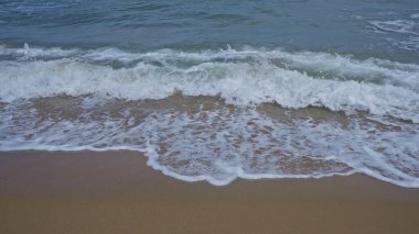 Yumuşak dalgaların kumlu bir sahile vurduğu sakin bir açık hava sahnesi, okyanusun rahatlatıcı hareketini ve kıyıya karşı köpüğü yakalıyor..