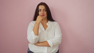 Kendine güveni tam, beyaz gömlekli kadın pembe arka planda düşünceli bir ifadeyle duruyor..