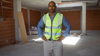 Güvenlik yeleği giyen genç Afrikalı adam, arka planda tuğla duvarlar olan inşaat alanında güvenle duruyor.
