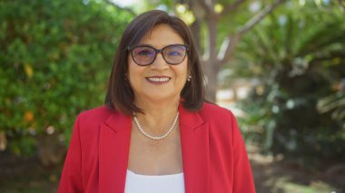 Güzel, orta yaşlı, kısa saçlı ve gözlüklü İspanyol bir kadın parkta dikilirken sıcacık gülümsüyor. Kırmızı bir ceket ve inci kolye giyiyor..