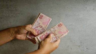 Ellerinde Türk lira banknotları var. Paraları sayan erkek parmakları ile Türkiye 'de yapılan mali işlemleri tasvir ediyorlar.