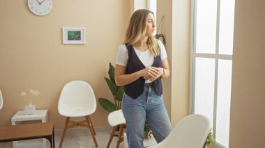 Genç, çekici, sarışın, beyaz bir kadın, modern sandalyeler ve pencerelerden gelen doğal ışıklarla çevrili, kapalı bir bekleme odasında duruyor..