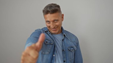 Beyaz arka planda izole edilmiş kot gömlekli orta yaşlı bir adam baş parmak işareti yapıyor.