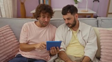 Oturma odasında kanepede oturan iki adam birlikte tablete bakıyor, bir anlık dostluk ve aile bağı sergiliyorlar..