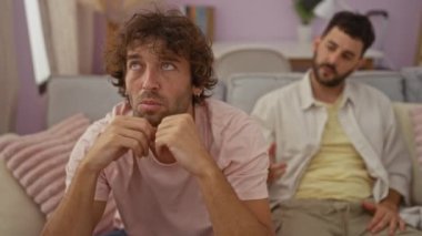 İki adam rahat bir oturma odasında oturuyor, biri stresli ve alnına dokunurken diğeri endişeli bir şekilde bakıyor, ikisi arasında destekleyici ama gergin bir an olduğunu gösteriyor.