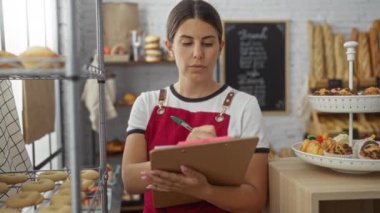 İspanyol kadın pastanede panoya yazı yazıyor. Etrafı yeni pişmiş mallar ve pastalarla çevrili..