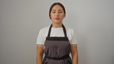 Önlüklü genç İspanyol kadın kollarını kavuşturmuş, izole edilmiş beyaz arka planda gergin ve onaylamayan bir ifade sergiliyor.