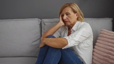 Yaşlı bir kadın, rahat bir oturma odasındaki kanepede, üzerinde günlük giysiler ve yanında bir yastıkla özenli bir şekilde oturuyor. İç gözlem ve tefekkür ifadesi sergiliyor.