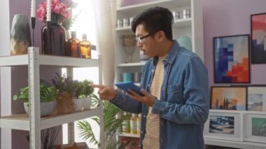 Genç adam, canlı duvar resimleri ve sergilenen çeşitli bitkilerle dekore edilmiş bir ev içi mağazada tablet karıştırıyor.
