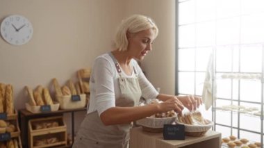 Fırında gülümseyen bir kadın, sepetlerde glütensiz ekmek düzenleyen, önlük takan, arka planda baget ve diğer ekmek türleri olan, büyük bir pencere ve saatin yanında