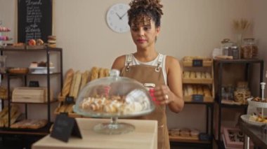 Kapalı bir pastanede çeşitli ekmek ve tatlı çeşitleri olan hamur işleri düzenleyen genç bir kadın.