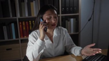 İş yerindeki masada, arka planda kitaplıklar olan düzenli bir ofis ortamında telefonla konuşan bir kadın.