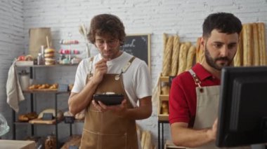 Biri tablet kullanırken, diğeri ekmek ve hamur işleriyle çevrili bir bilgisayar kullanırken erkekler pastanede çalışıyor.
