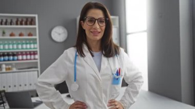 Klinikte beyaz önlüklü, steteskoplu ve arka planda rafları olan bir kadın güvenle gülümsüyor.