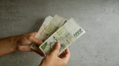 Elleri sayma ÇZech Koruna banknotları karşı somut bir arka plan, vurgu para ve elle işleme
