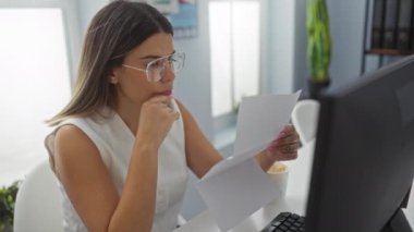 Modern ofis ortamında odaklanmış ifade ile belge okuyan kadın, doğal ışık ile profesyonel bir çalışma ortamı göstermektedir.