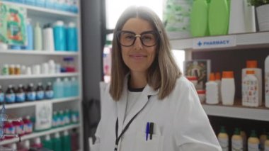 Eczanede gülümseyen bir kadın, çeşitli ürünlerle dolu rafların önünde dururken bardaklarını ayarlıyor.