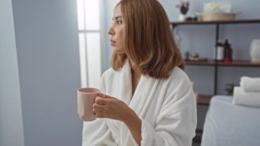 Genç bir kadın, modern dekorlu beyaz bir bornoz ve pencereden süzülen doğal ışık ile kapalı bir spa ortamında rahatlarken içkinin tadını çıkarıyor..