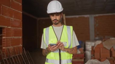 Sakallı ve güvenlik yelekli genç adam tamamlanmamış tuğla duvarları olan bir şantiyede akıllı telefon kullanıyor.