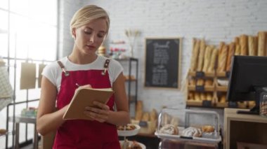 Pastanede kırmızı önlük giyen ve arka planda ekmek ve hamur işleri olan genç bir kadın.