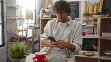 Genç bir adam, kahve fincanının fotoğrafını çekiyor. İçi hamur işleri ve fırınlanmış mallarla çevrili rahat bir kafede.