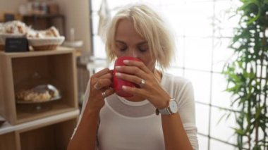 Kadın, arka planda hamur işleri olan bir fırında kahveden zevk alıyor, evde rahat ve mutlu bir an sergiliyor, beyaz gömlek ve saat giyiyor..